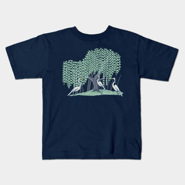 Herons and Weeping Willow Kids T-Shirt by Carabara Designs